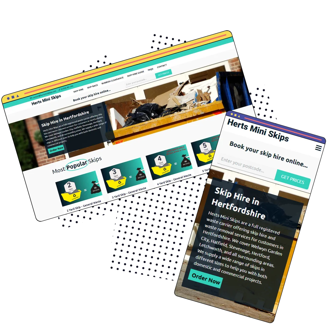 An image showing a desktop and mobile phone browser with a skip booker designed website on view.