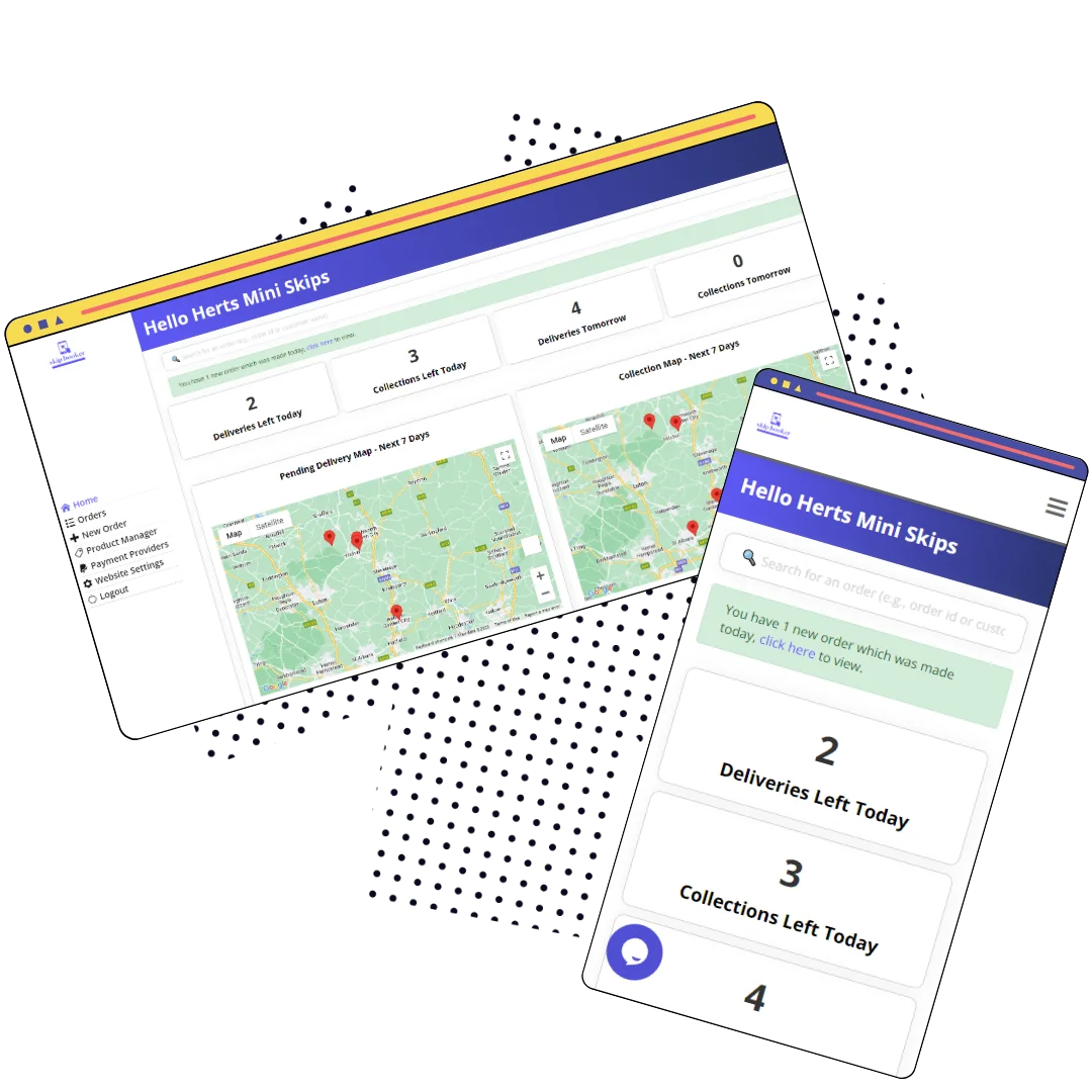 An image showing a desktop and mobile phone browser with the skip booker dashboard in view.