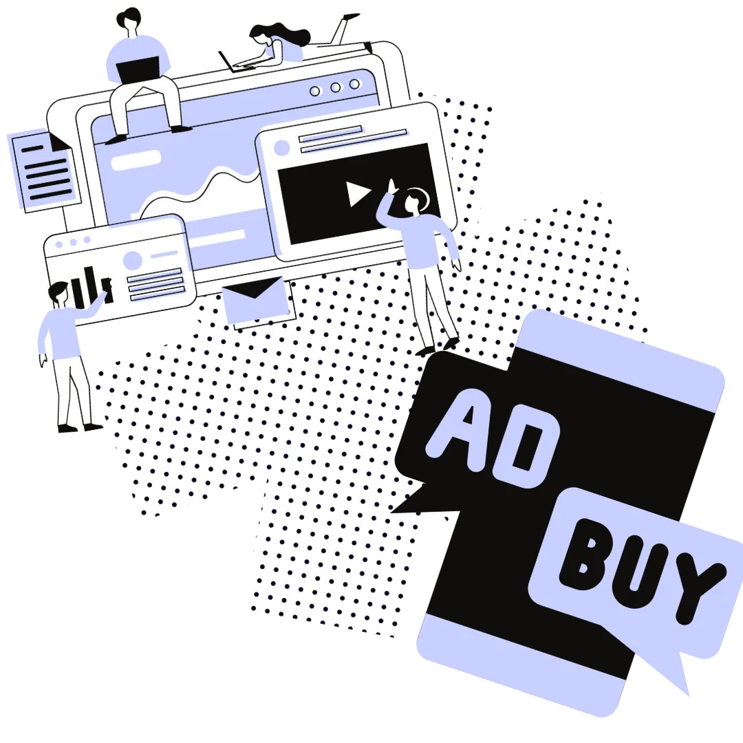 An illustration of a computer screen with charts and a mobile phone with the words "Ad" & "Buy".