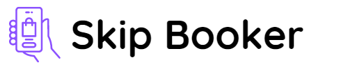 Skip booker logo, shows an icon of a hand holding a mobile phone and the text "Skip Booker".