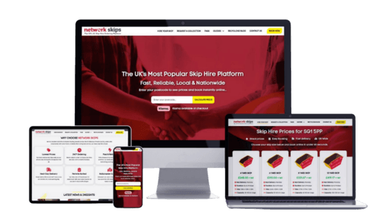 Responsive web design showcase for Network Skips across a desktop monitor, laptop, tablet, and mobile phone.