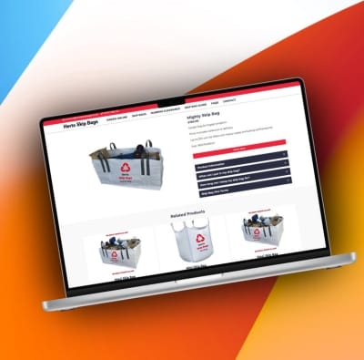 Laptop screen showing the product page for a Mighty Skip Bag with related products, designed for Herts Skip Bags.