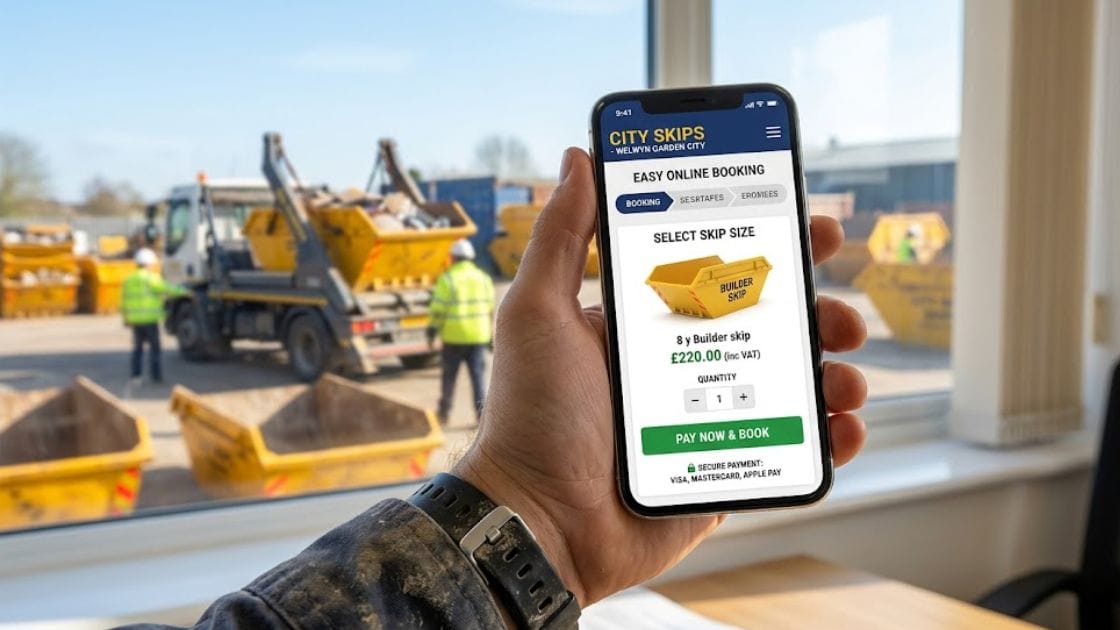A hand holding a mobile phone that displays an easy online booking app for City Skips over a blurred background of a skip yard.