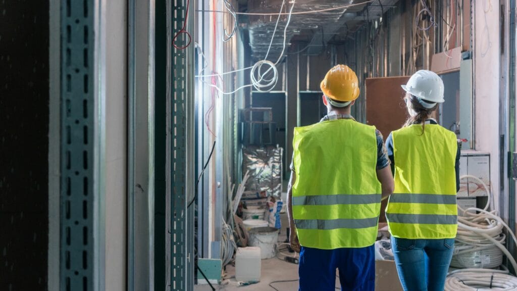 Rear view of two construction professionals in high-visibility vests and hard hats surveying an interior building renovation site.