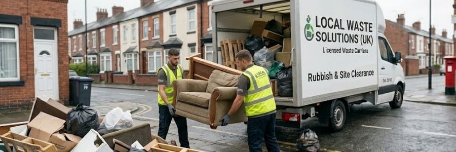 Two waste removal workers in high-visibility vests loading a sofa into a Local Waste Solutions (UK) rubbish clearance van.