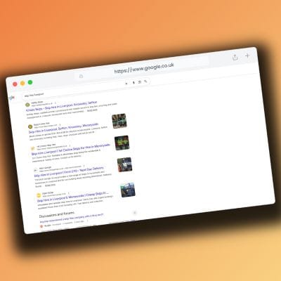 Google search results page for 'skip hire Liverpool' showing multiple local business listings and map results