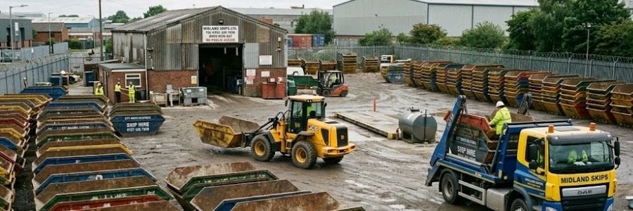 Wide panoramic photo of a working skip hire yard, featuring a Midland Skips truck and hundreds of stacked commercial skips.